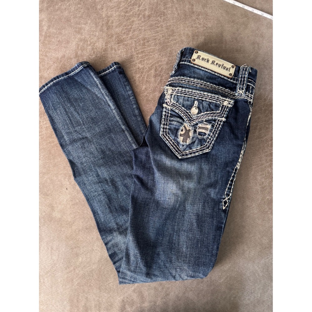Rock Revival Felicia Straight Cuff Jeans Distressed Dark Wash Blue Size 28 x 31